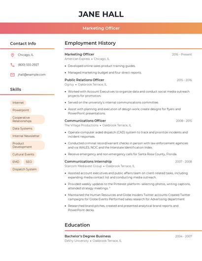 Marketing Officer Resume