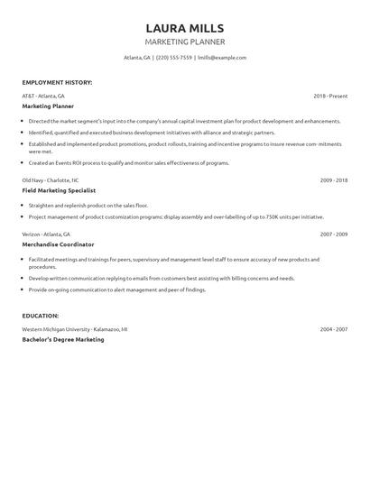 Marketing Planner Resume
