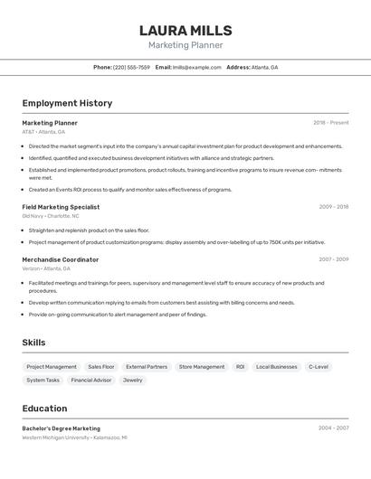 Marketing Planner Resume