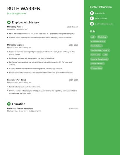 Marketing Planner Resume