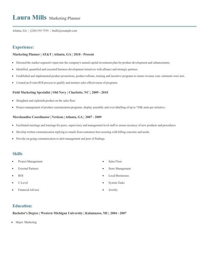 Marketing Planner Resume