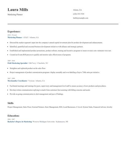 Marketing Planner Resume