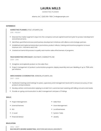 Marketing Planner Resume