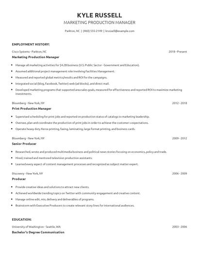 Marketing Production Manager Resume