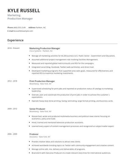 Marketing Production Manager Resume