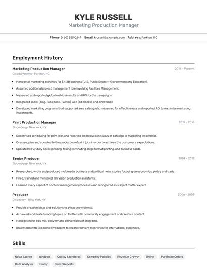 Marketing Production Manager Resume