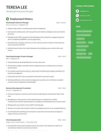 Marketing Production Manager Resume