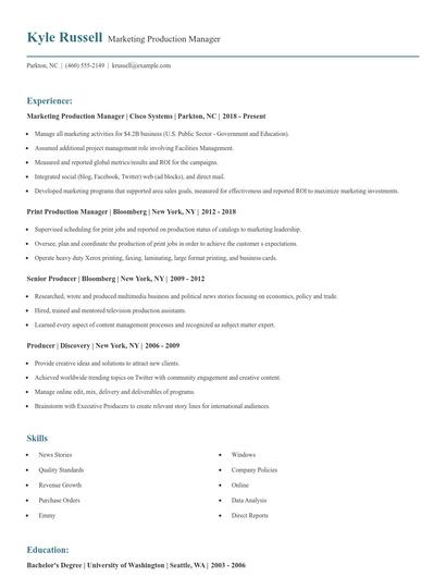 Marketing Production Manager Resume