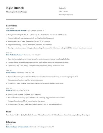 Marketing Production Manager Resume