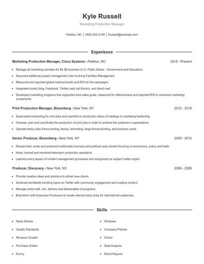 Marketing Production Manager Resume