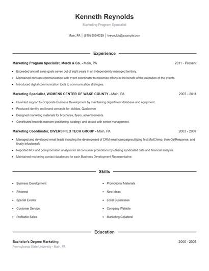 Marketing Program Specialist Resume