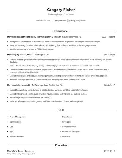 Marketing Project Coordinator Resume