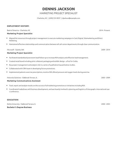 Marketing Project Specialist Resume