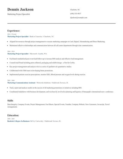 Marketing Project Specialist Resume