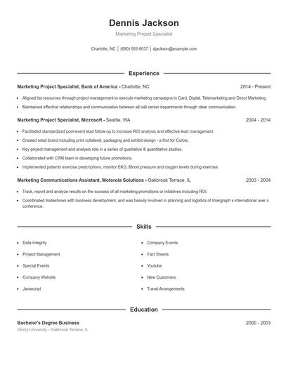 Marketing Project Specialist Resume