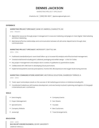 Marketing Project Specialist Resume