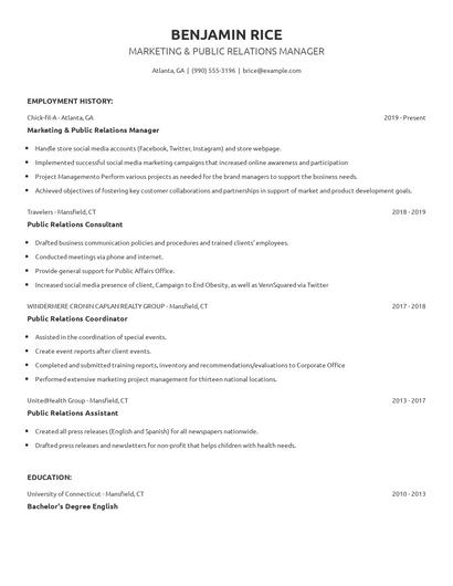 Marketing & Public Relations Manager Resume
