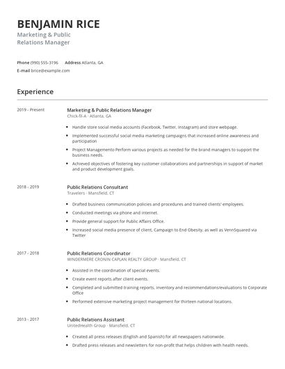 Marketing & Public Relations Manager Resume