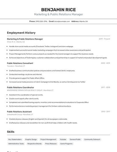Marketing & Public Relations Manager Resume