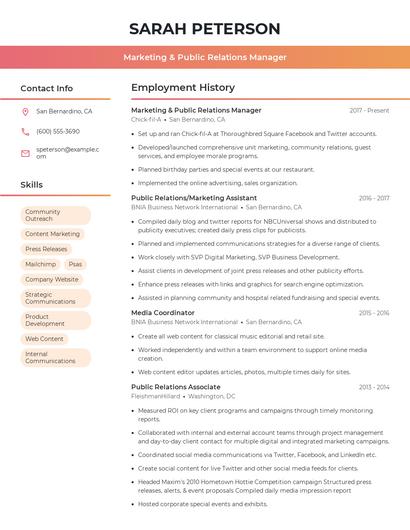 Marketing & Public Relations Manager Resume