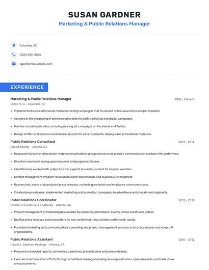Marketing & Public Relations Manager Resume
