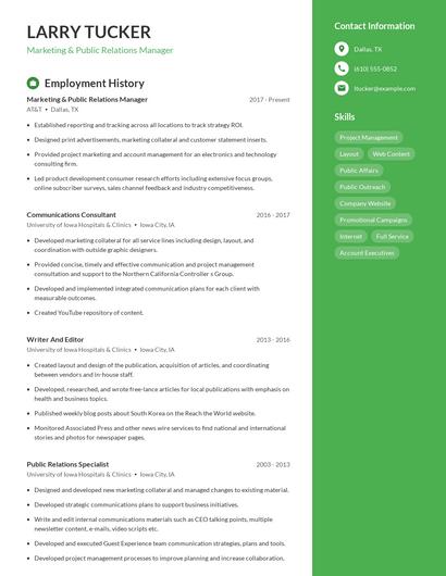 Marketing & Public Relations Manager Resume