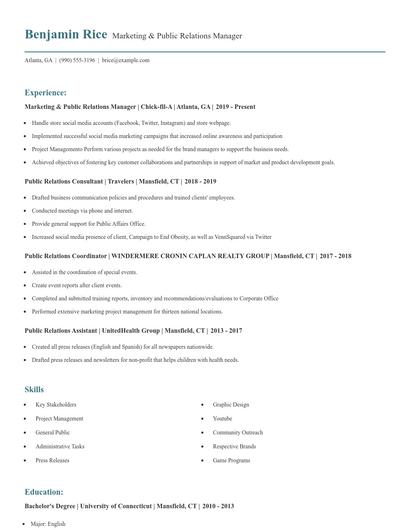Marketing & Public Relations Manager Resume