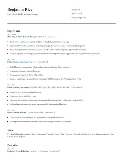 Marketing & Public Relations Manager Resume
