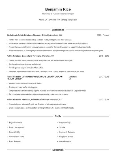 Marketing & Public Relations Manager Resume