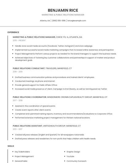 Marketing & Public Relations Manager Resume