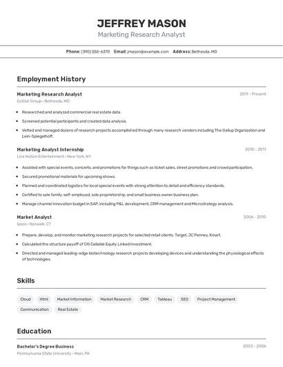 Marketing Research Analyst Resume