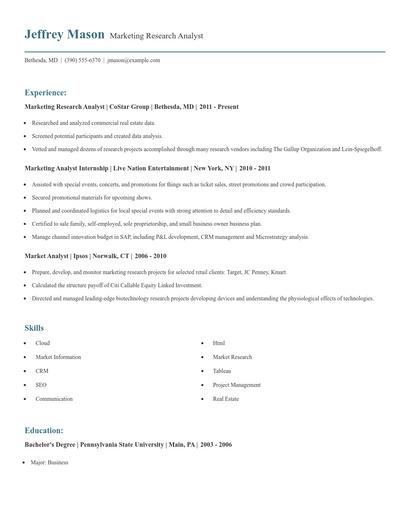 Marketing Research Analyst Resume