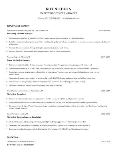 Marketing Services Manager Resume