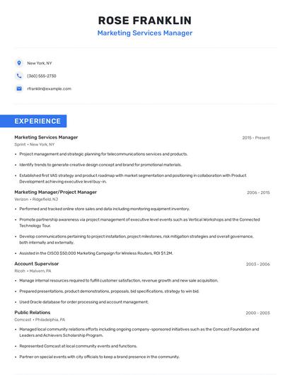 Marketing Services Manager Resume