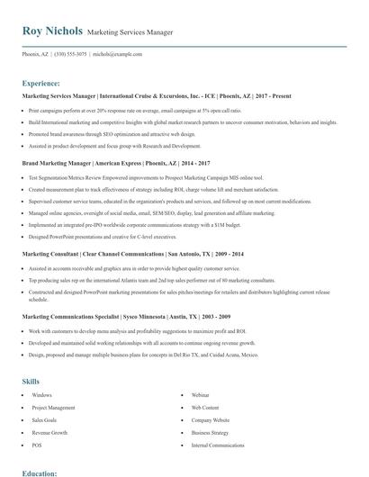 Marketing Services Manager Resume
