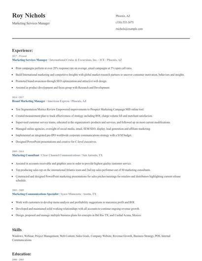 Marketing Services Manager Resume