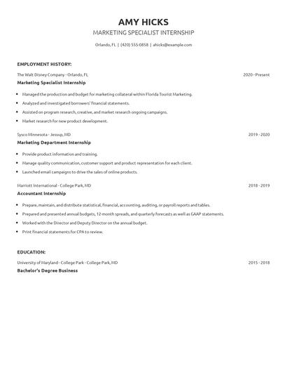 Marketing Specialist Internship Resume