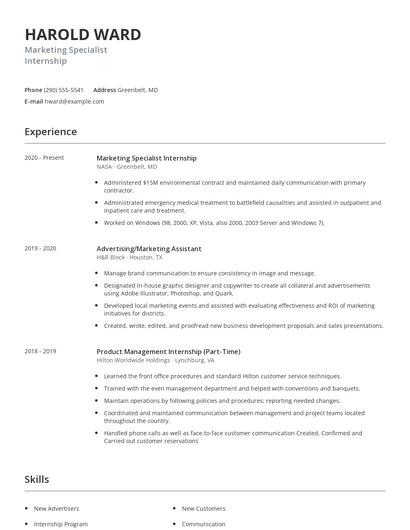 Marketing Specialist Internship Resume