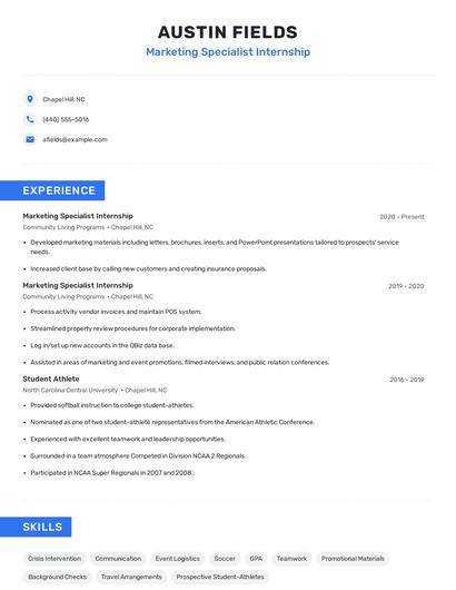 Marketing Specialist Internship Resume