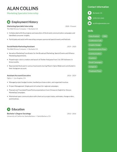 Marketing Specialist Internship Resume