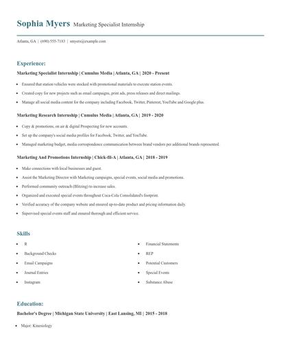 Marketing Specialist Internship Resume