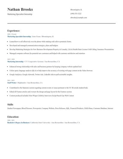 Marketing Specialist Internship Resume