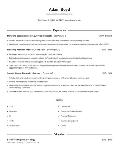 Marketing Specialist Internship Resume
