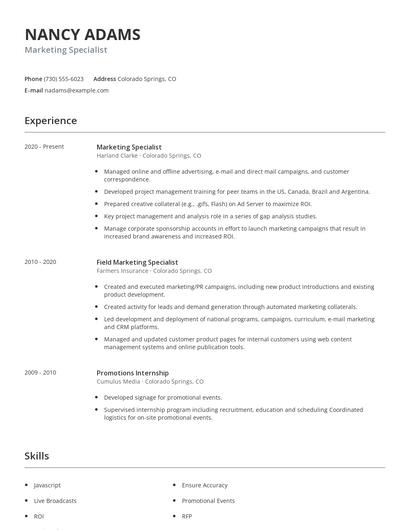 Marketing Specialist Resume