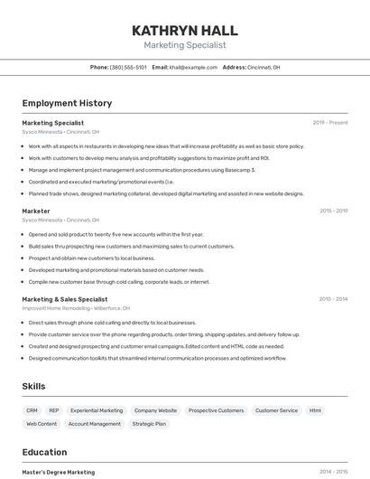 Marketing Specialist Resume