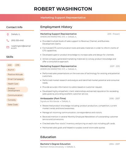 Marketing Support Representative Resume