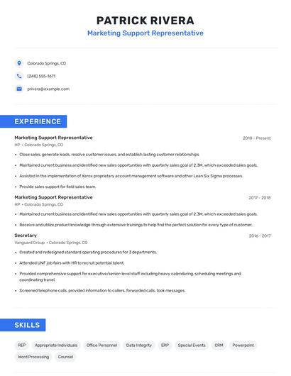 Marketing Support Representative Resume