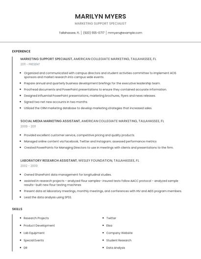 Marketing Support Specialist Resume