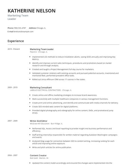 Marketing Team Leader Resume