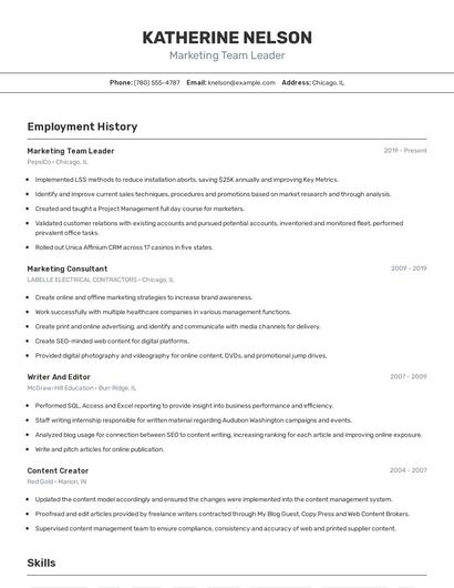 Marketing Team Leader Resume